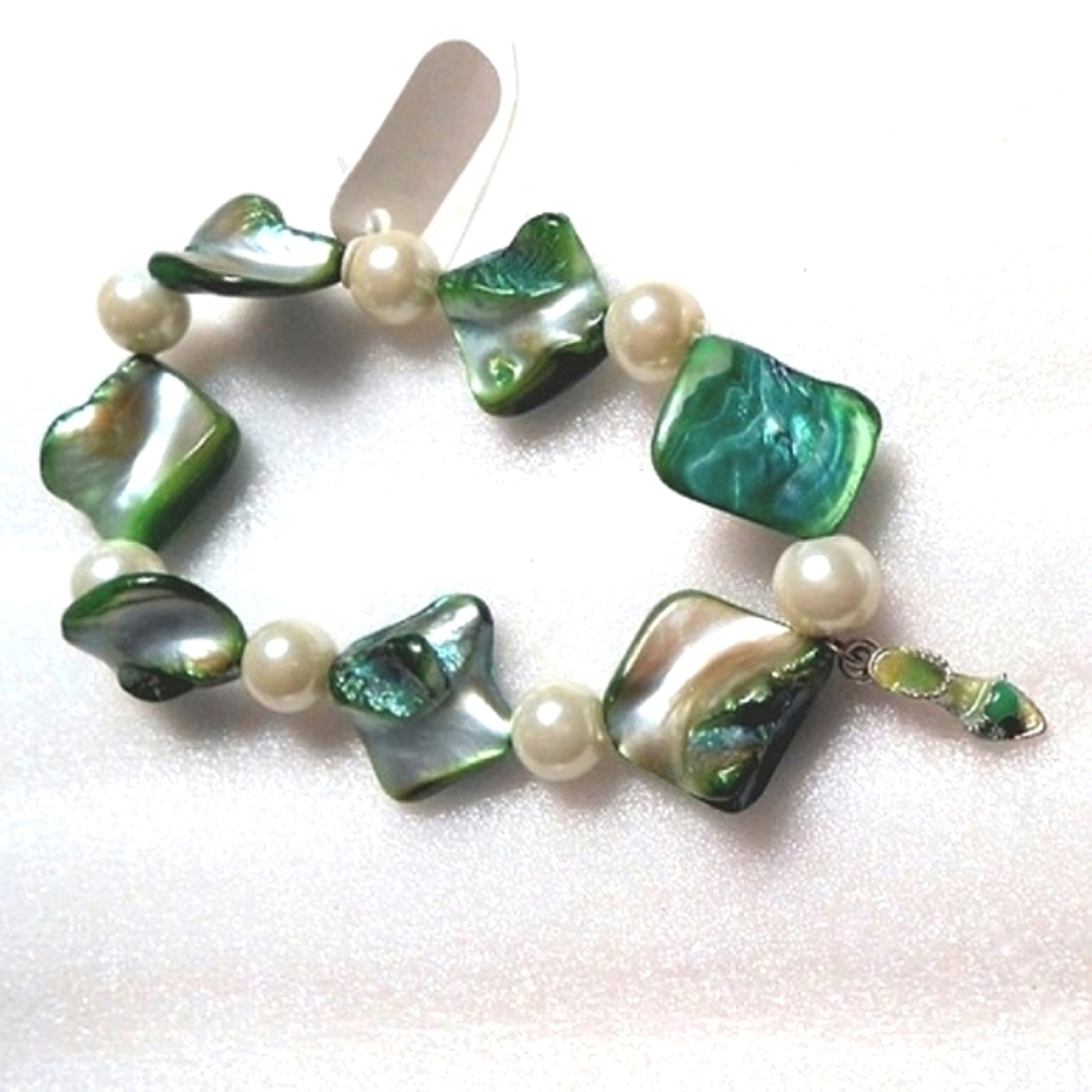 Green Sandal Charm on Green Shell Beaded Bracelet w/ Pearls
